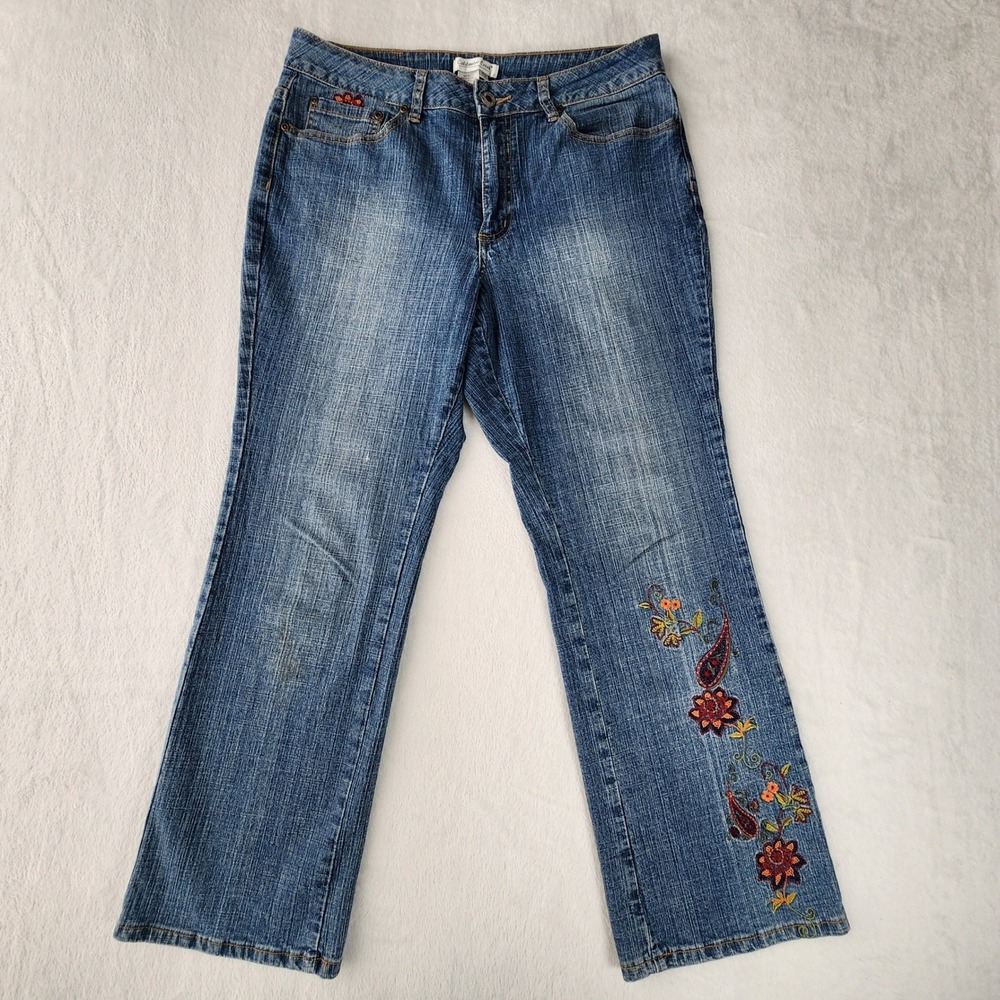 Coldwater Creek Jeans Womens 34W 28L Blue Embroidered Floral Paisley Boho Denim